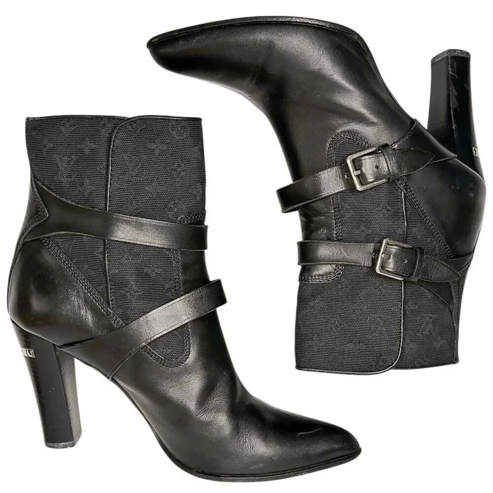 Louis Vuitton Monogram Logo Canvas + Leather Heeled Buckle Booties Black EU 36.5